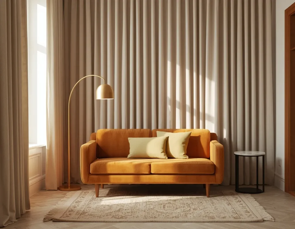 Mustard velvet loveseat in front of a full wall of pleated beige curtains, with a brass arc floor lamp and a marble-top side table