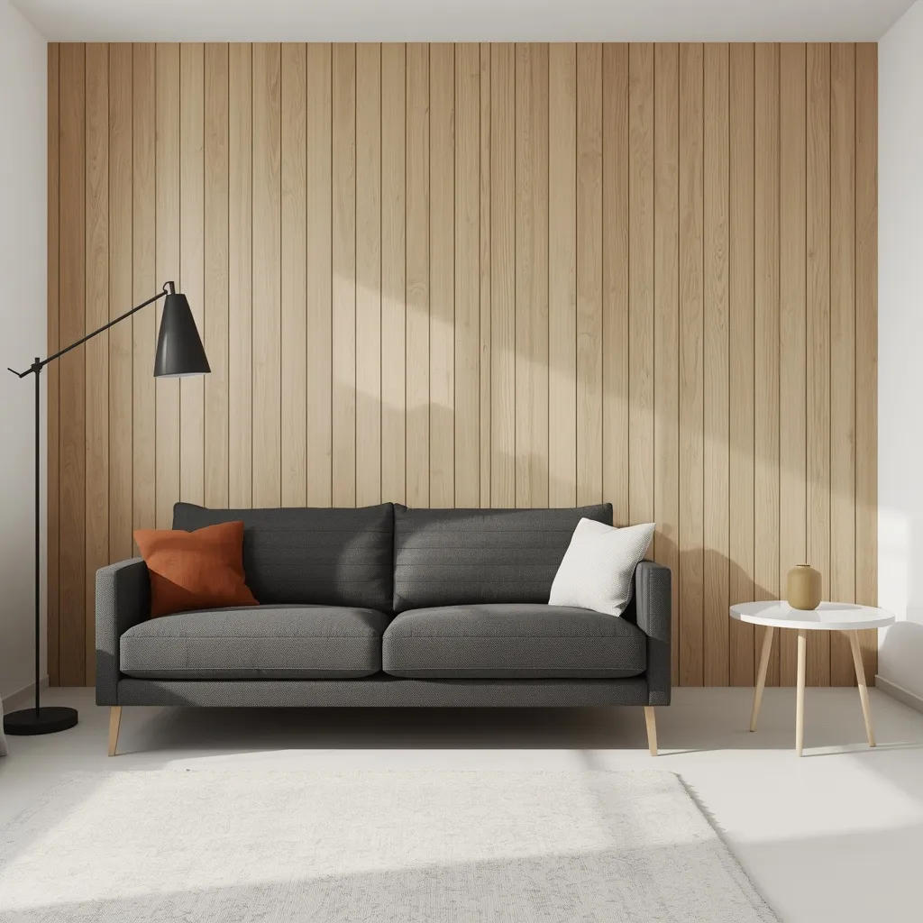 Natural light oak vertical shiplap behind a charcoal sofa with a rust pillow, a black floor lamp, and a round white side table