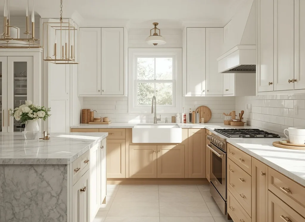 Two-tone kitchen cabinets with natural light wood lower cabinets, white upper cabinets, a white farmhouse sink, and a marble island