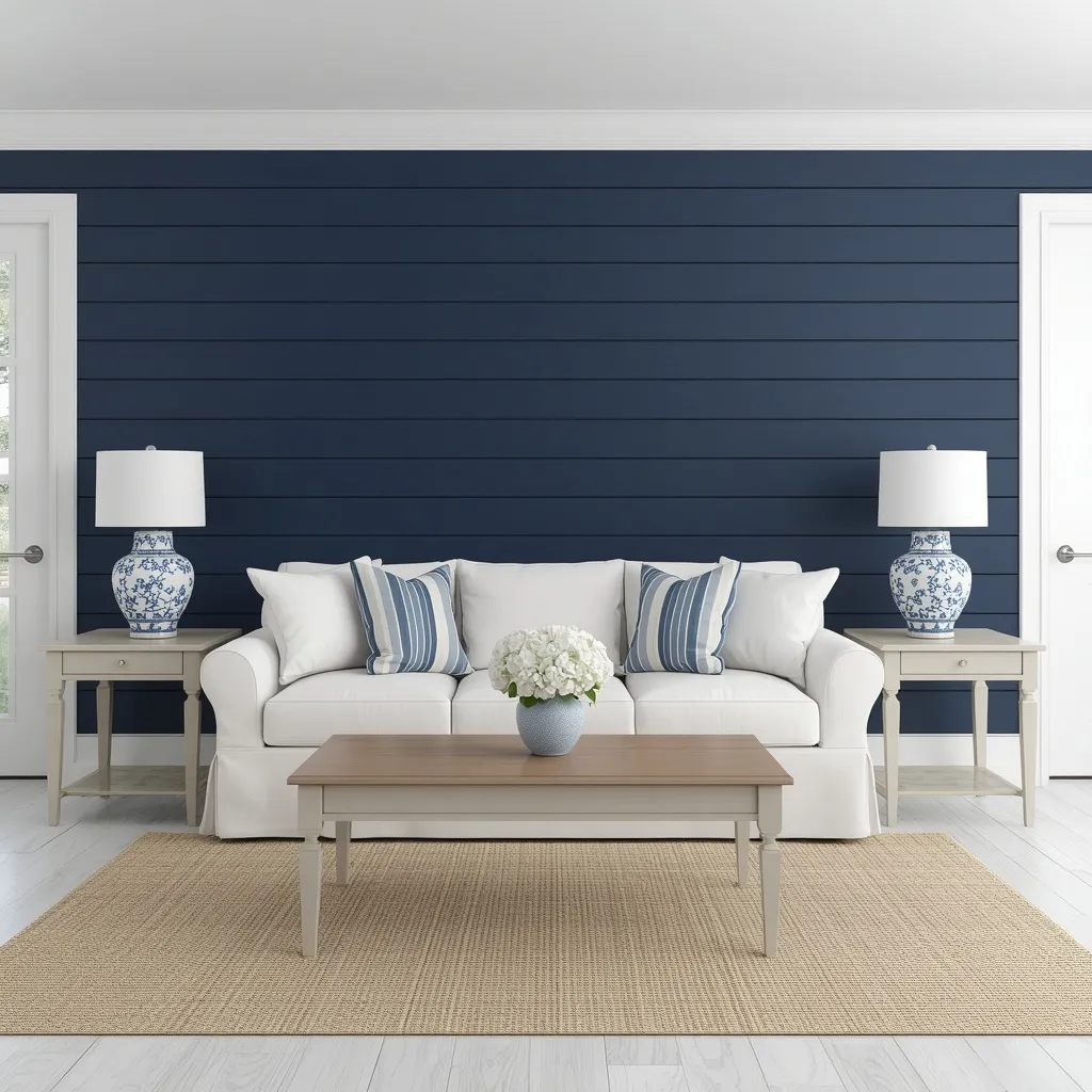  Navy blue horizontal shiplap wall between two white doors with a white slipcovered sofa, blue and white ginger jar lamps, and white hydrangeas