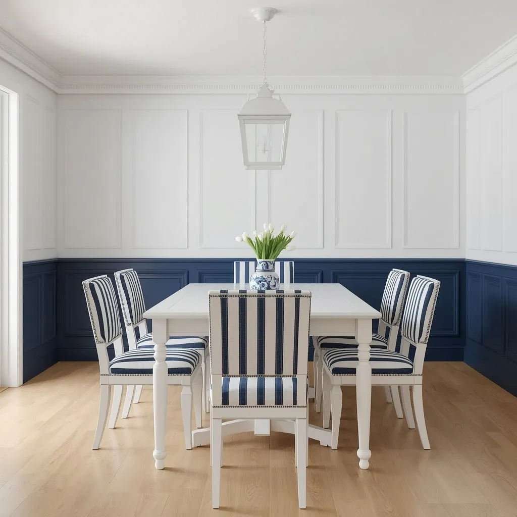 Navy blue recessed panel wainscoting below white picture frame molding, with striped upholstered chairs around a white farmhouse table