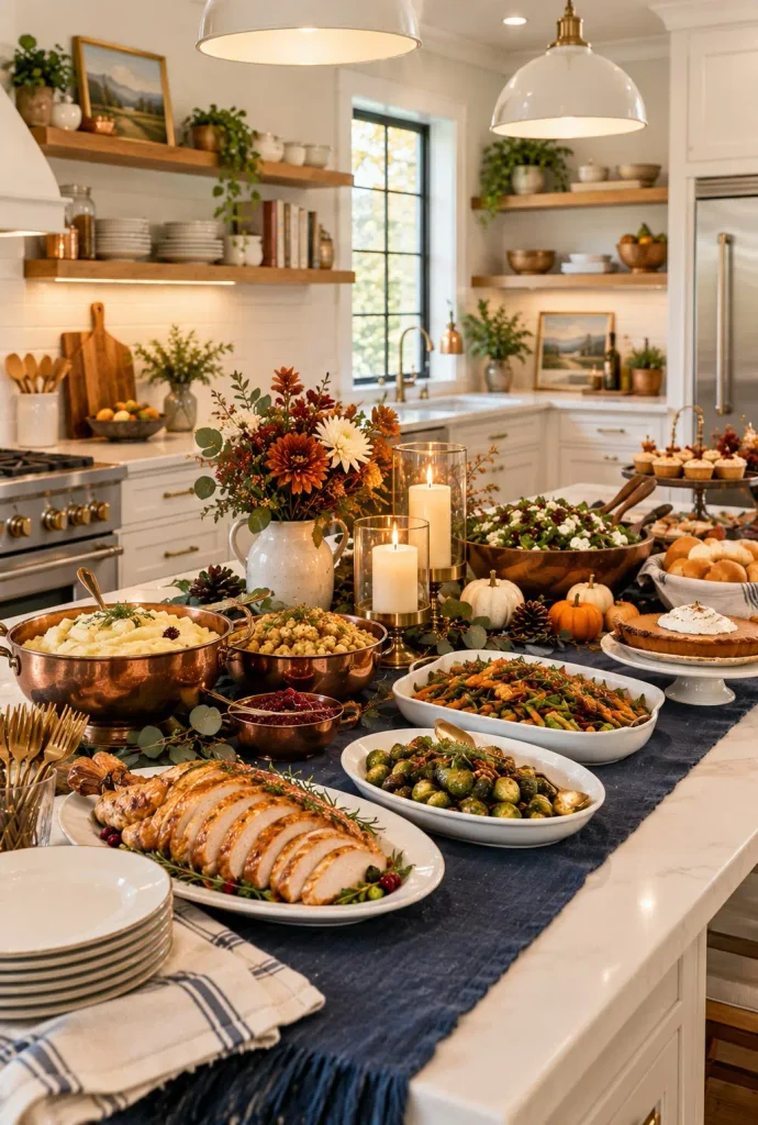 Kitchen island Thanksgiving buffet with navy runner, copper serving bowls and white platters
