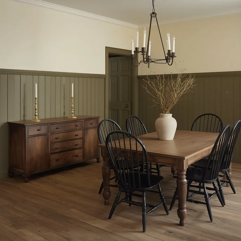 Tall olive green board and batten wainscoting with cream upper walls, black Windsor chairs, a farmhouse table, and an iron candle chandelier