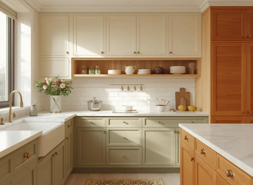 Two-tone kitchen cabinets with olive green lowers, cream upper cabinets, an open wood shelf, and a warm cherry wood island and pantry