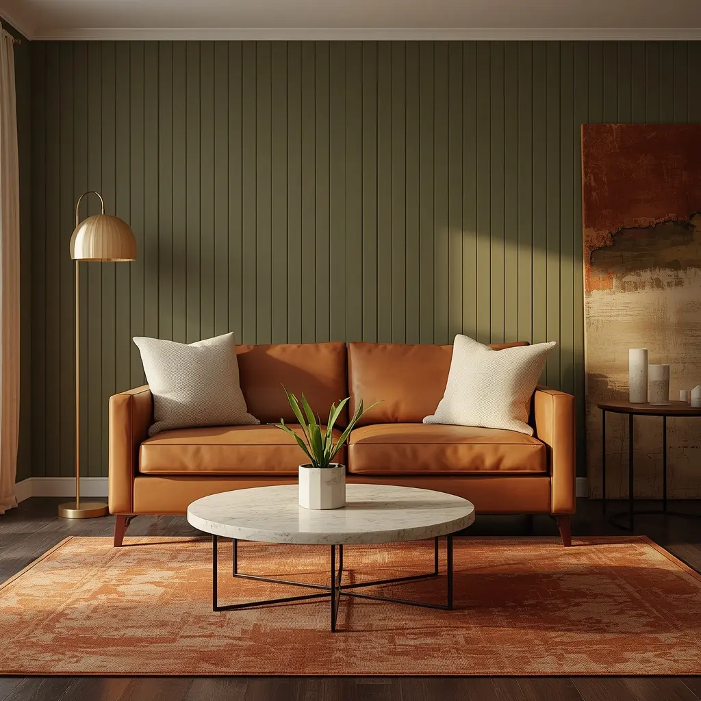 Olive green vertical shiplap wall behind a cognac leather sofa with cream pillows, a brass arc floor lamp, and a round marble coffee table