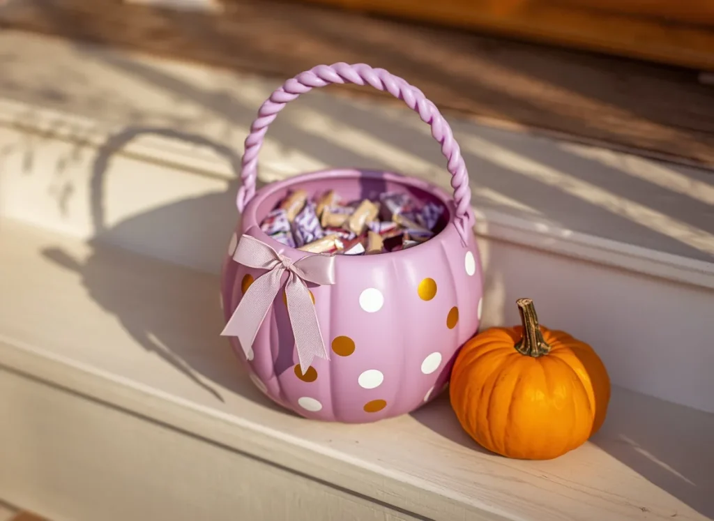 Lilac painted plastic pumpkin candy bucket with white and gold polka dots, a twisted handle, and a pink ribbon bow, filled with wrapped candy beside a small orange pumpkin