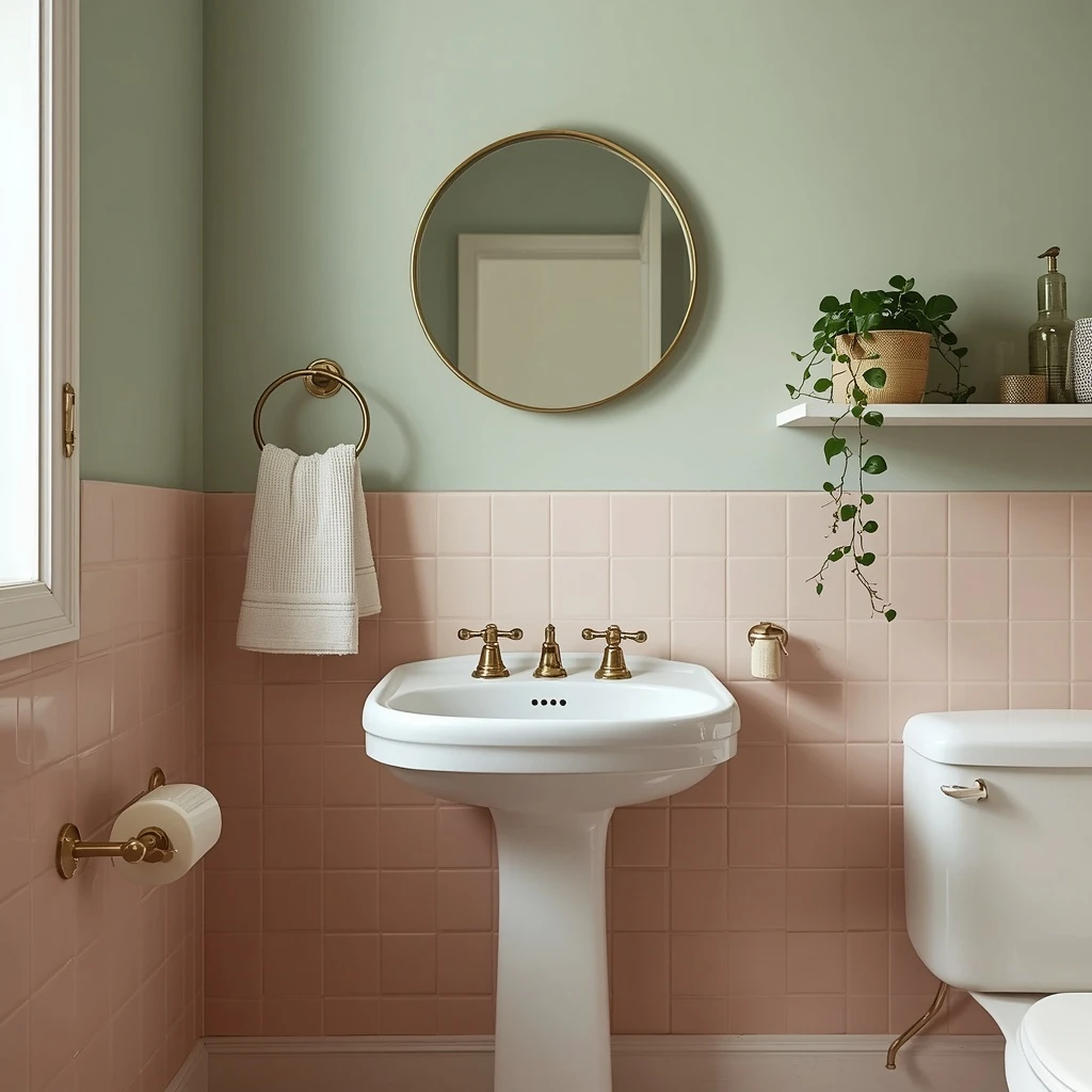 Retro bathroom with pastel pink square tile, a sage green upper wall, a round brass mirror, and a white pedestal sink with brass taps