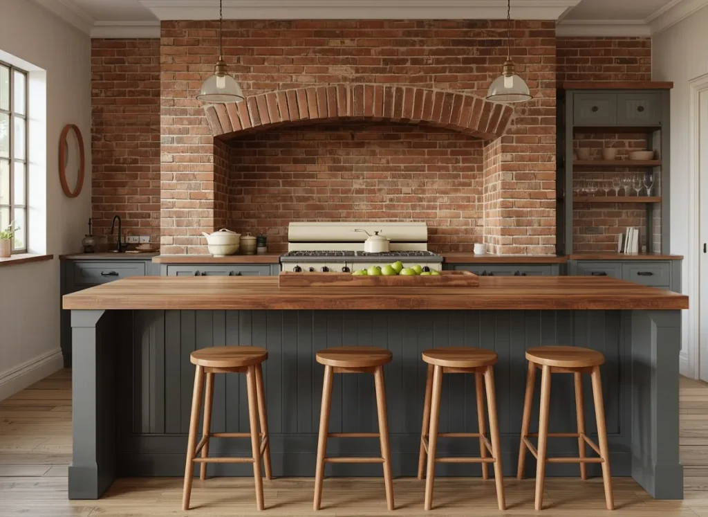 Charcoal painted beadboard kitchen island with a butcher block top and wood stools in front of an exposed brick wall and a cream vintage range