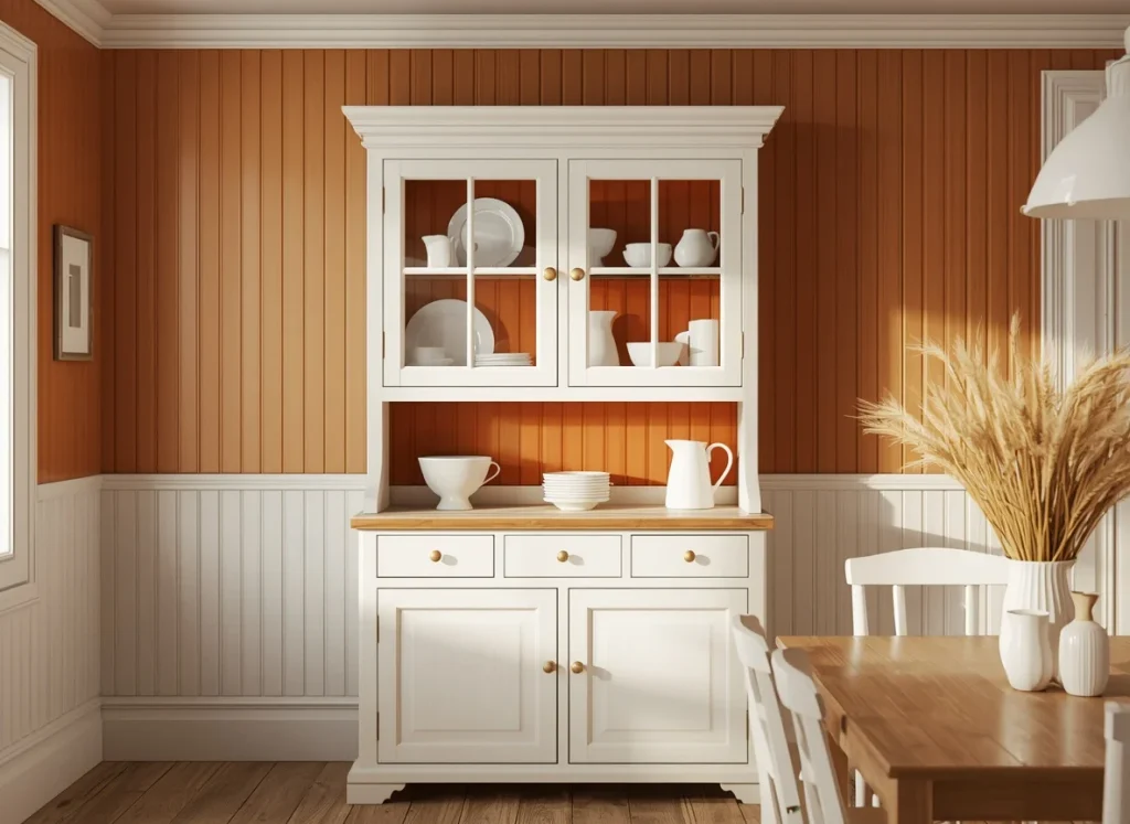 Terracotta beadboard kitchen wall above white beadboard wainscoting behind a white glass door hutch lined in the same warm color