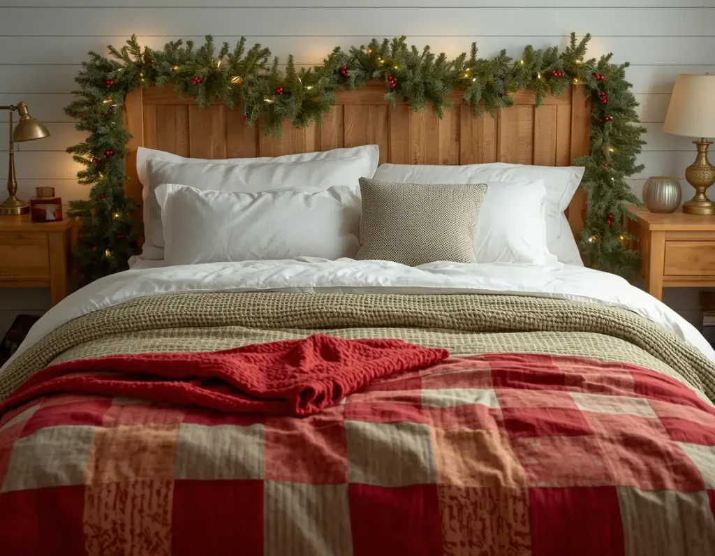 Wooden headboard wrapped in a lit pine garland with red berries above white bedding, a sage waffle blanket, and a red patchwork quilt