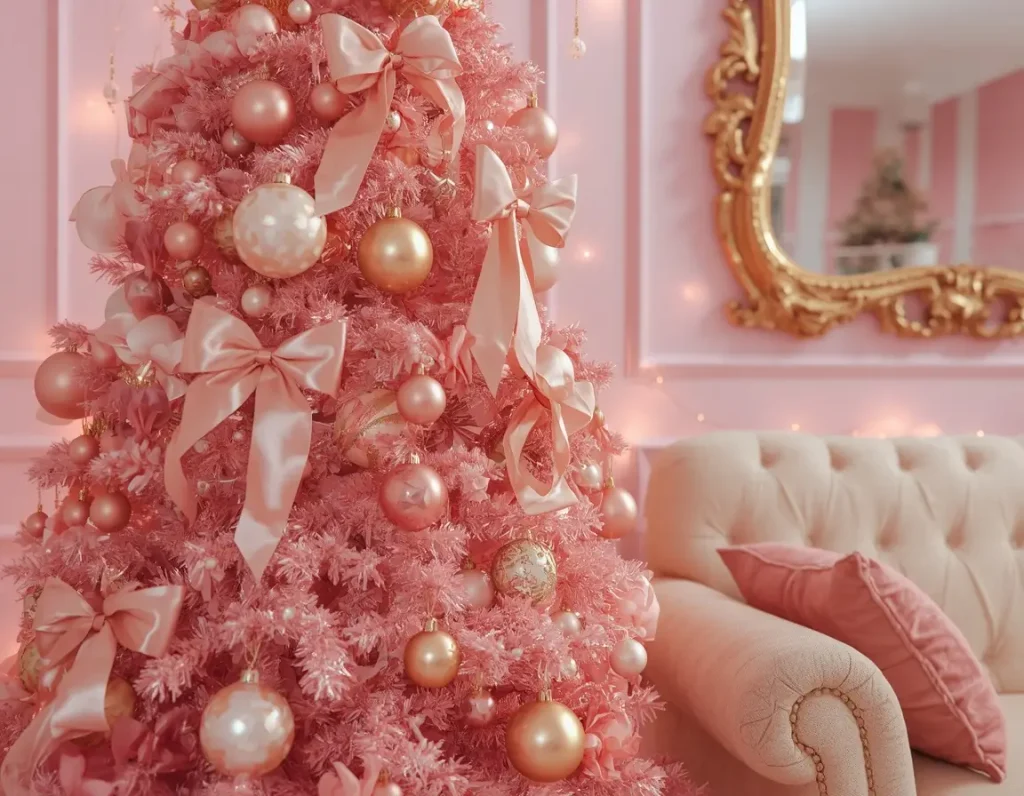 Pink flocked Christmas tree with blush satin bows and rose gold and pink ornaments beside a cream tufted sofa and an ornate gold mirror