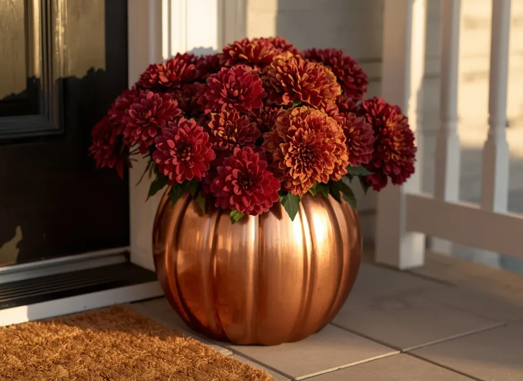 Plastic pumpkin spray painted shiny copper and filled with deep red and rust mums on a front porch beside a coir doormat