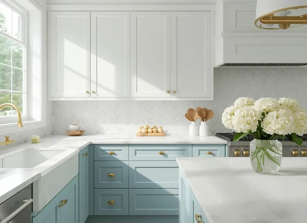 Two-tone kitchen cabinets with powder blue lowers, white upper cabinets, a white herringbone backsplash, brass hardware, and white hydrangeas