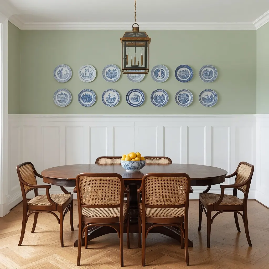 White raised panel wainscoting below sage green walls with two rows of blue transferware plates, cane chairs, and a round dark wood table