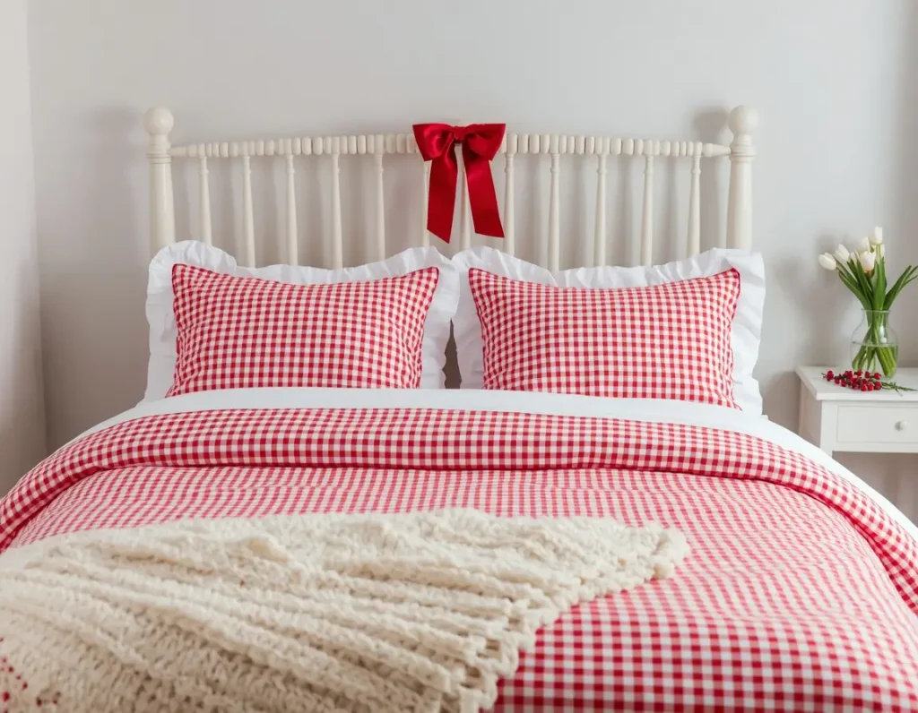 Red and white gingham duvet and pillows with white ruffled shams on a white spindle bed, a red satin bow on the headboard, and a cream knit throw