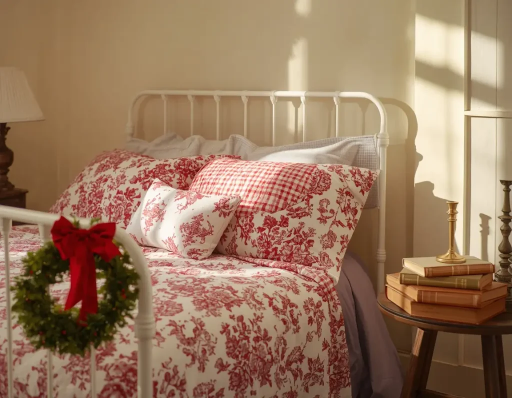 Red and white toile bedding with a gingham pillow on a white iron bed, a small wreath with a red velvet bow on the footboard, and old books on a side table