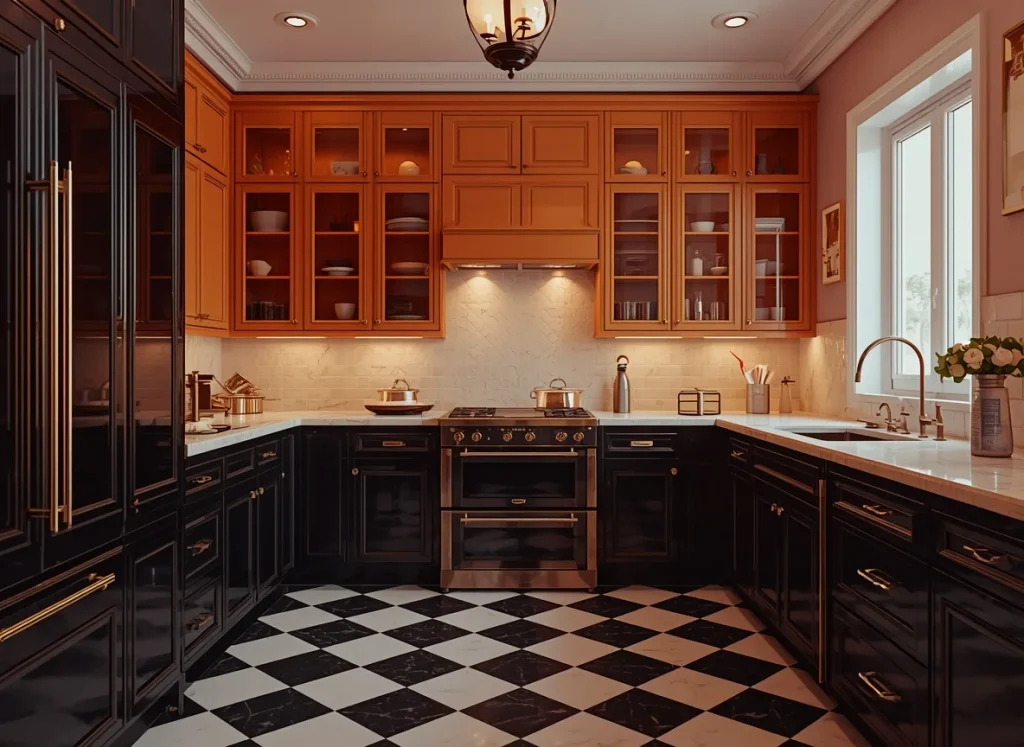 Two-tone kitchen cabinets with rust orange glass front upper cabinets, glossy black lower cabinets, a black and white checkered floor, and a brass lantern