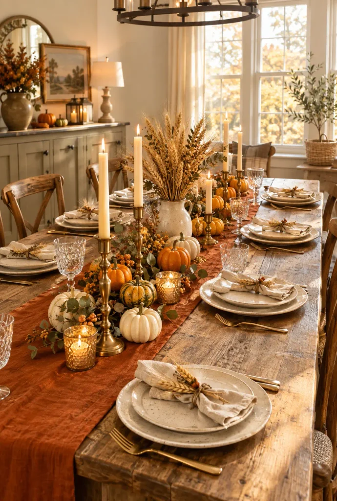 Burnt orange linen runner with mini pumpkins, wheat stalks and brass candlesticks on a farmhouse wooden table