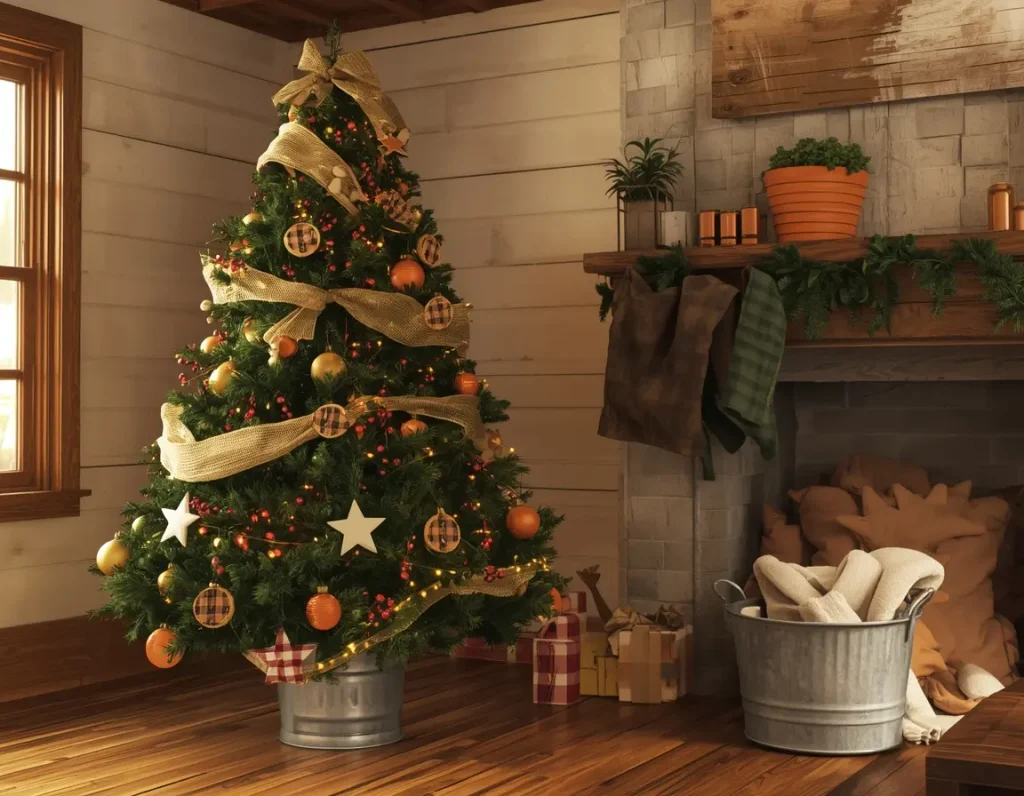 Rustic farmhouse Christmas tree with burlap ribbon, buffalo check wood ornaments, orange and gold balls in a galvanized bucket by a stone fireplace
