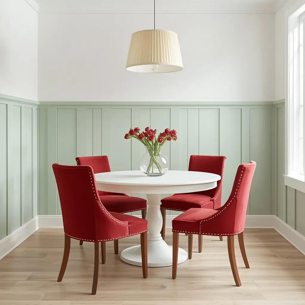 Light sage board and batten wainscoting below a white wall, with cherry red velvet chairs around a white pedestal table