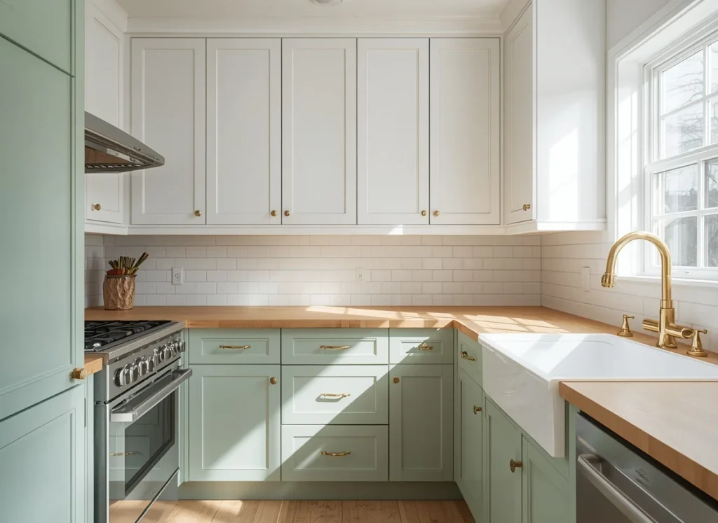 Two-tone kitchen with sage green lower cabinets, white upper cabinets, butcher block countertops, a farmhouse sink, and a brass faucet