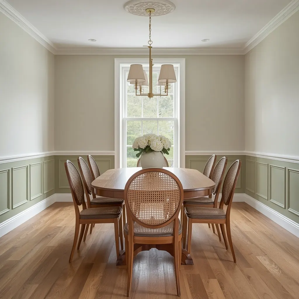 Wainscoting dining room ideas shown with sage green picture frame panels on the lower wall, white frames above, cane back chairs, and an oval wood table