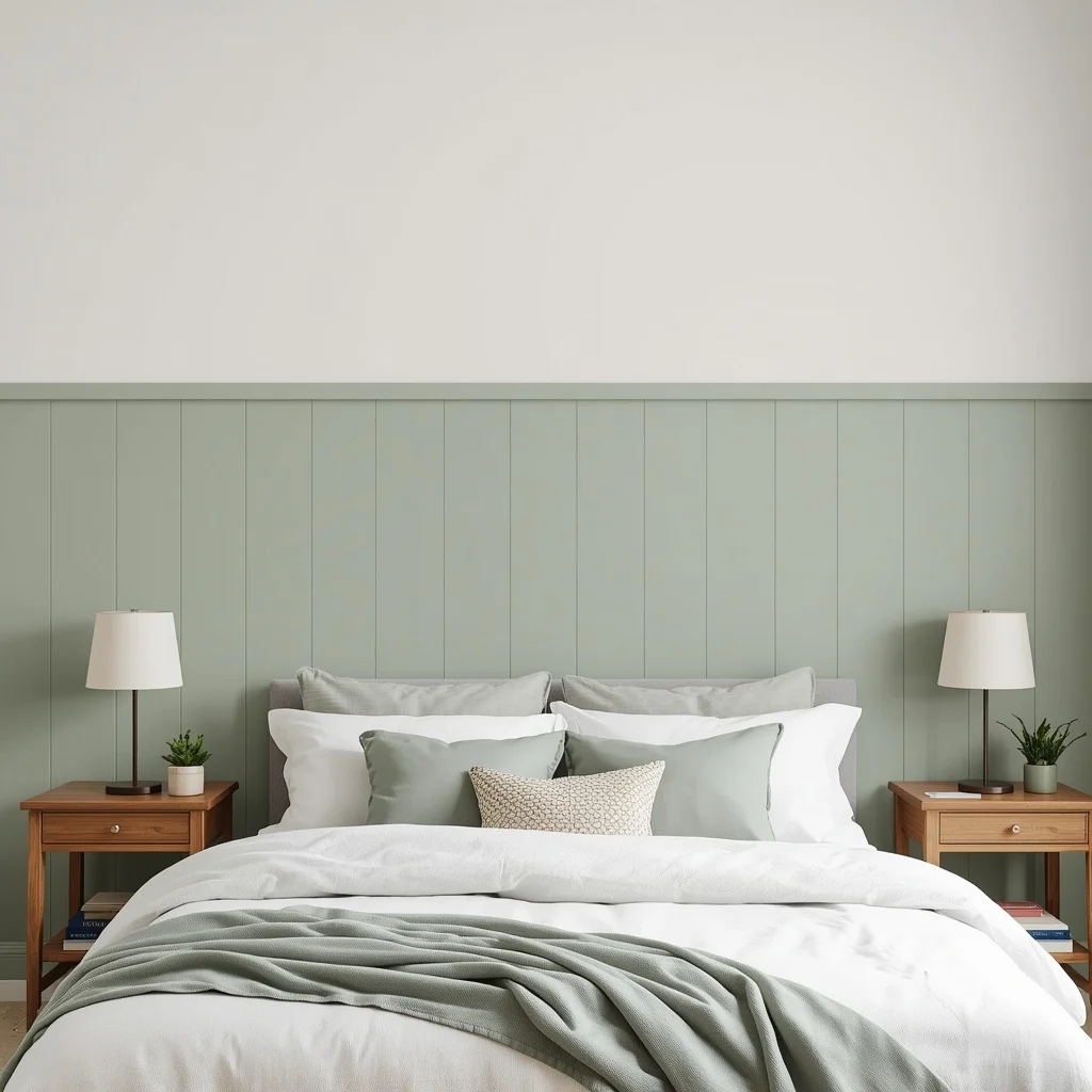 Sage green vertical wood paneling on the lower wall behind a bed with white bedding, sage pillows, and matching black stem lamps on wooden nightstands