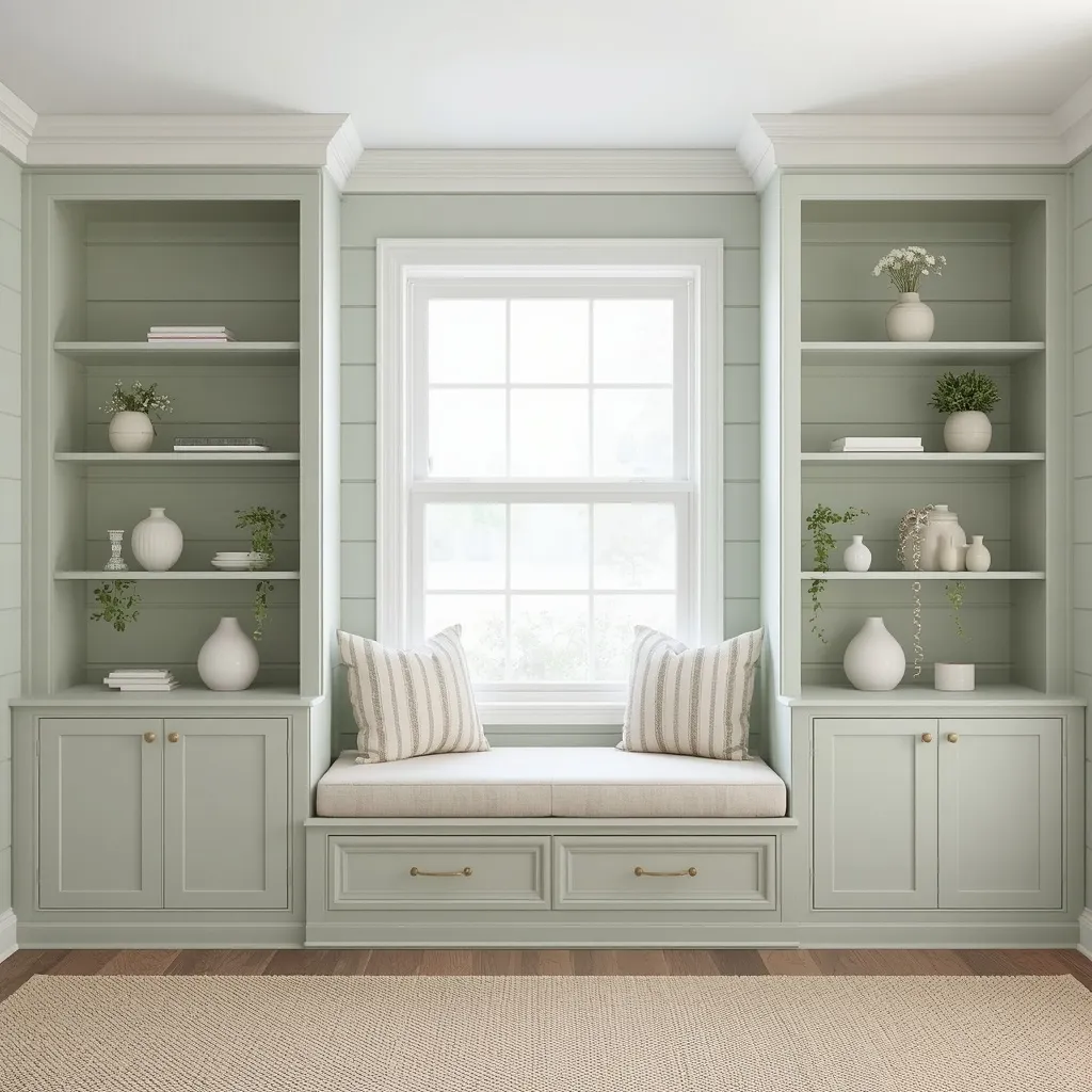  Sage green shiplap around a window and inside two built-in bookcases with cabinets below, a cushioned window seat, and striped pillows