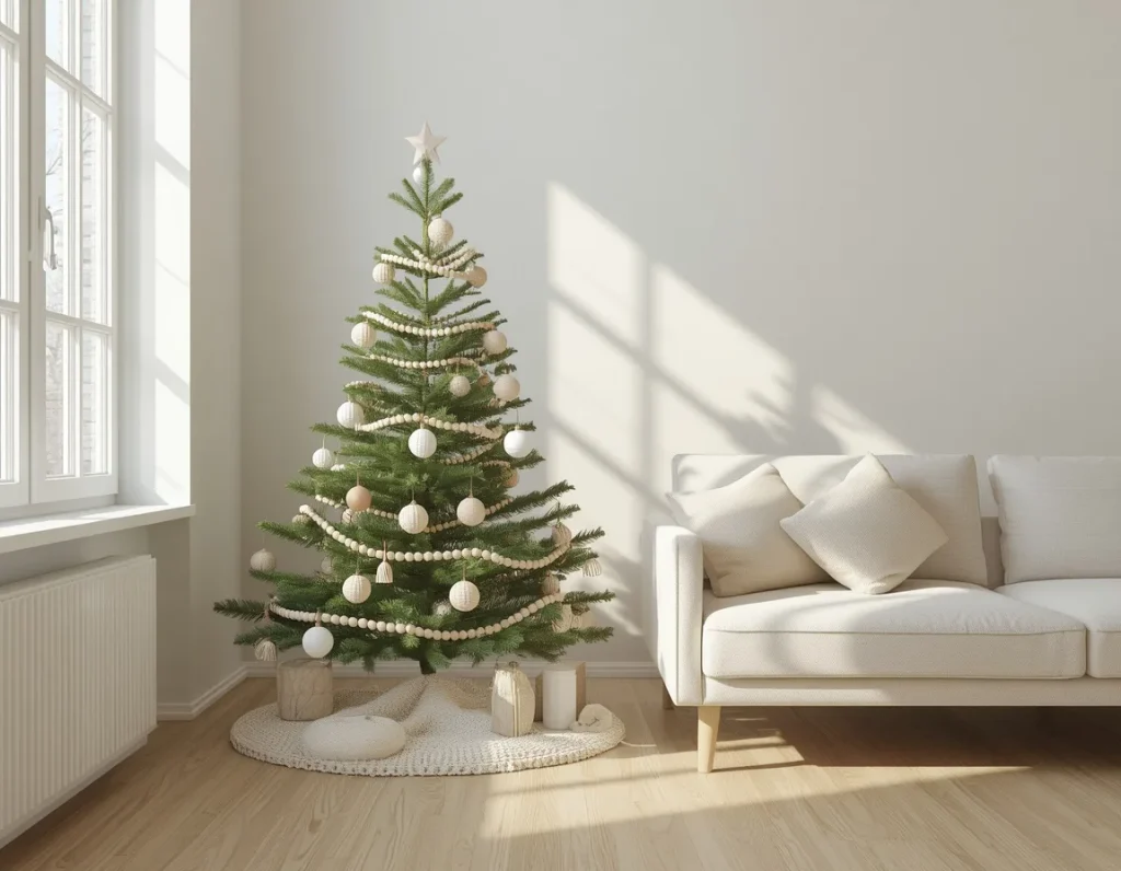 Scandinavian minimalist Christmas tree with cream ornaments, a wooden bead garland, and a knit tree skirt in a sunny white living room