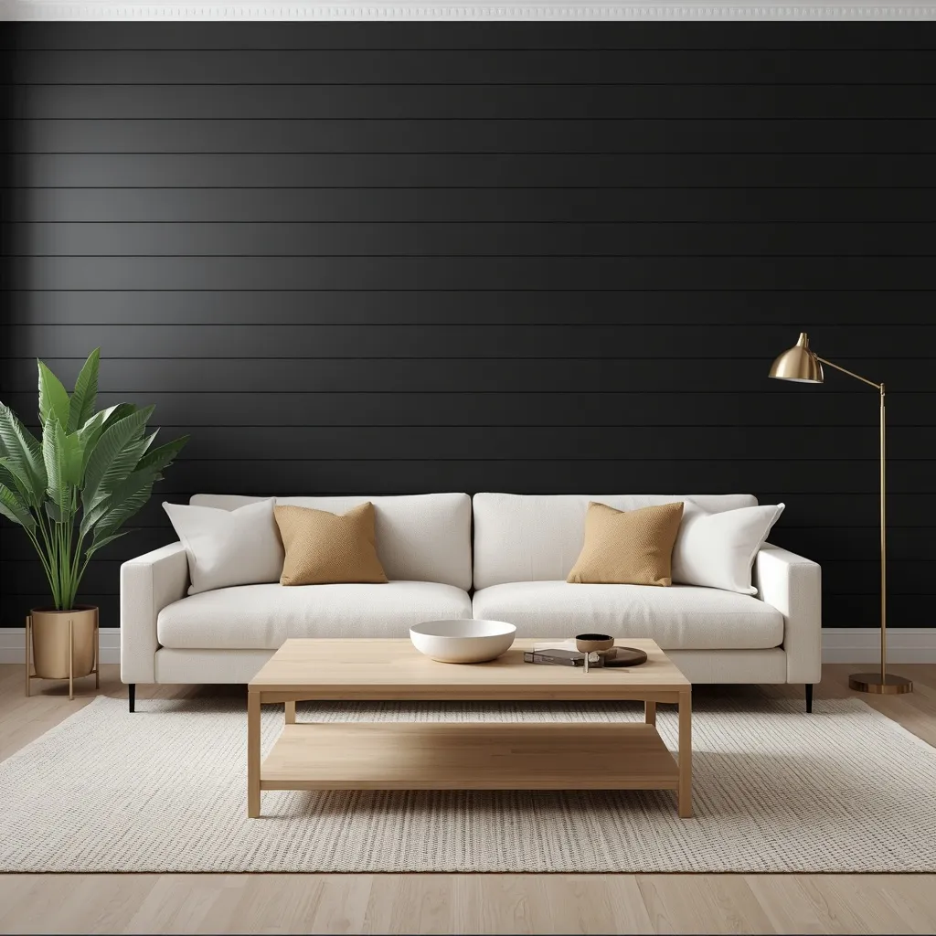 Living room with a matte black horizontal shiplap accent wall, a cream sofa with mustard and white pillows, a light oak coffee table, a brass floor lamp, and a potted palm