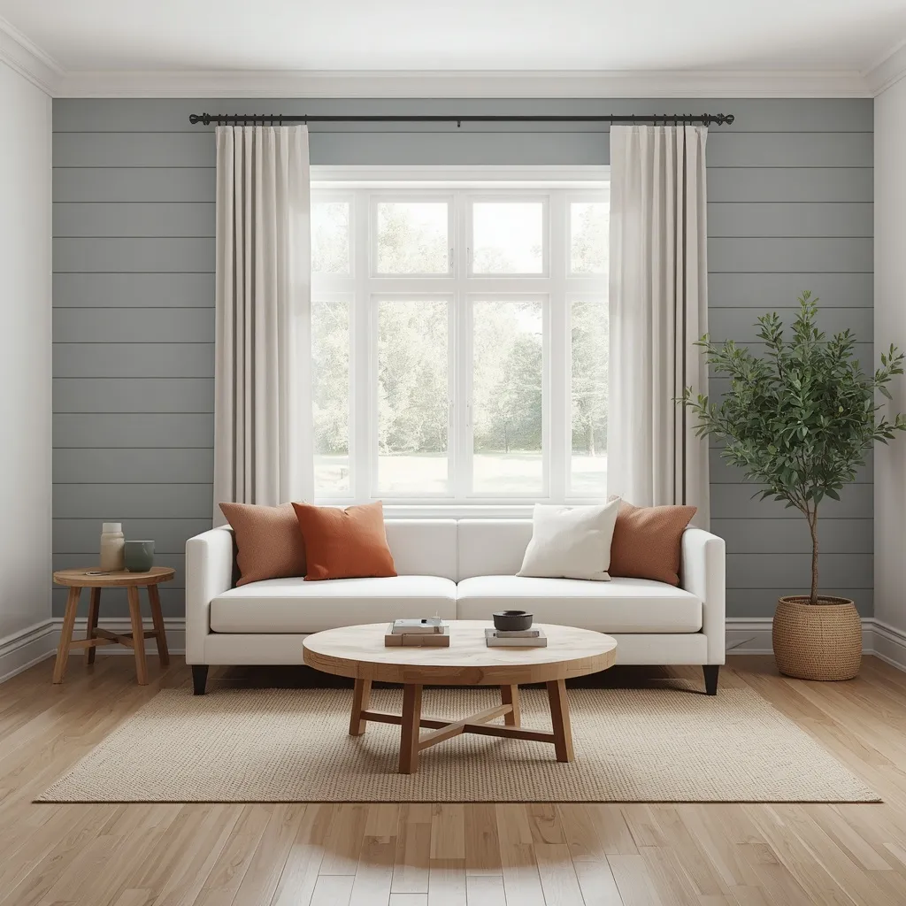  Slate blue horizontal shiplap around a large window with linen curtains, a white sofa with rust pillows, and a potted olive tree