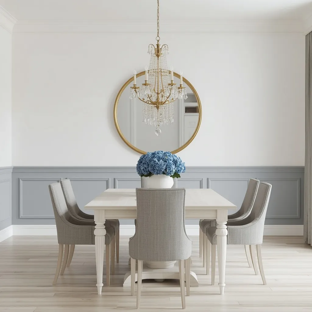 Slate blue box panel wainscoting below a white wall with a large round brass mirror, a crystal chandelier, and gray linen dining chairs