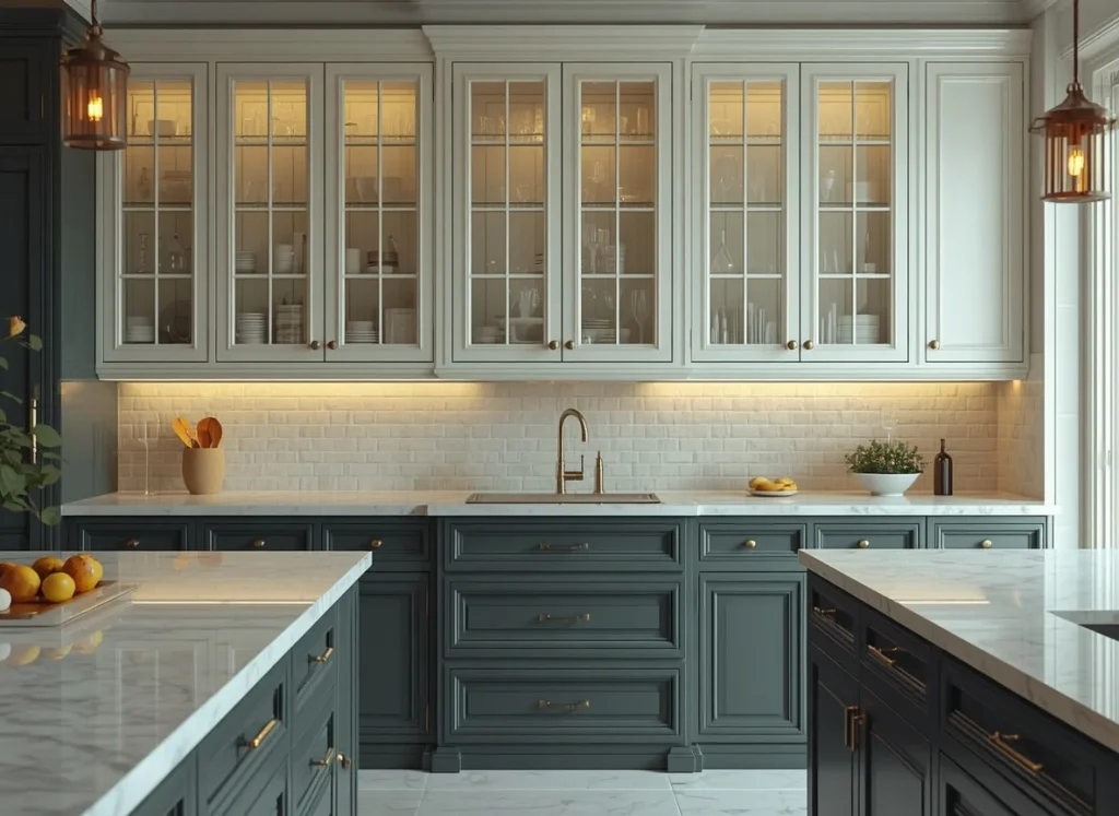 Two-tone kitchen with slate green lower cabinets, white glass front upper cabinets with lit shelves, a brass faucet, and marble countertops