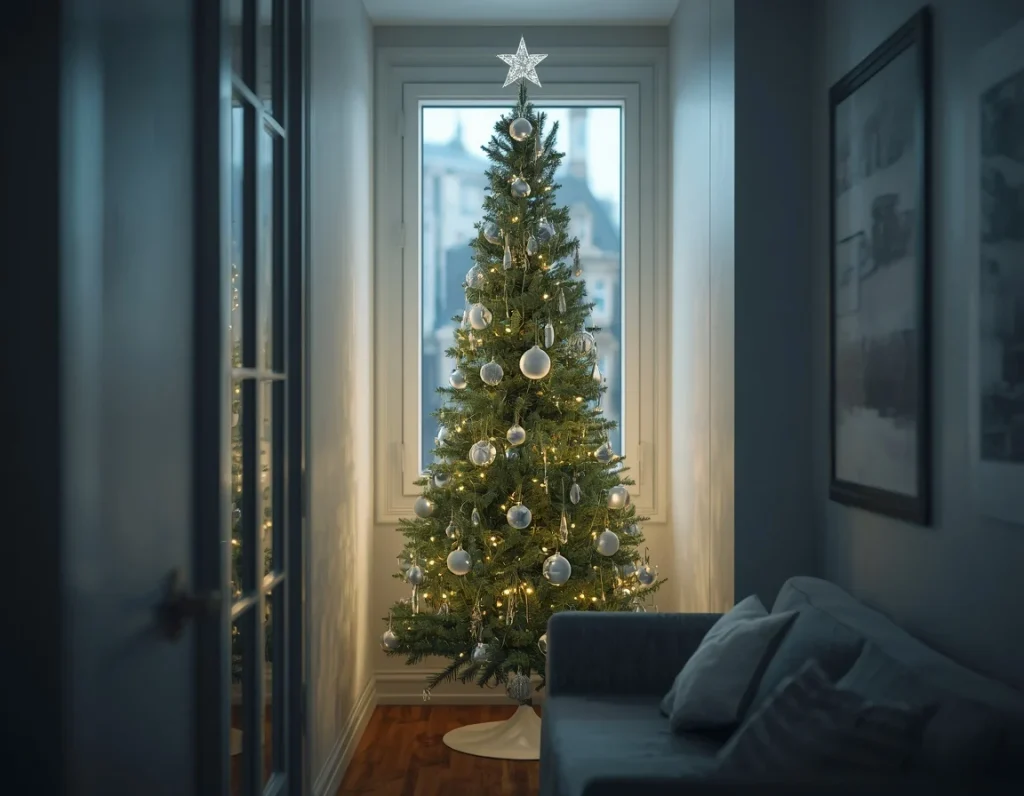 Slim Christmas tree with clear and silver glass ornaments and warm lights standing in a narrow alcove in front of a tall window