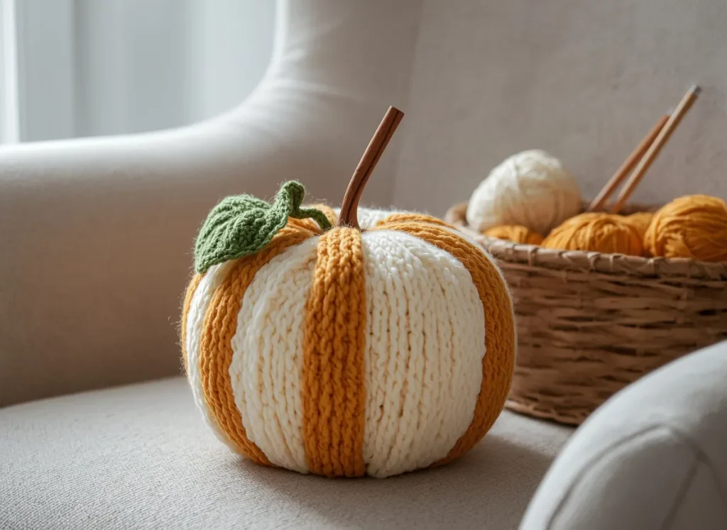 Pumpkin covered in chunky cream and mustard knit stripes with a crocheted green leaf and a wooden stem on a beige armchair beside a basket of yarn