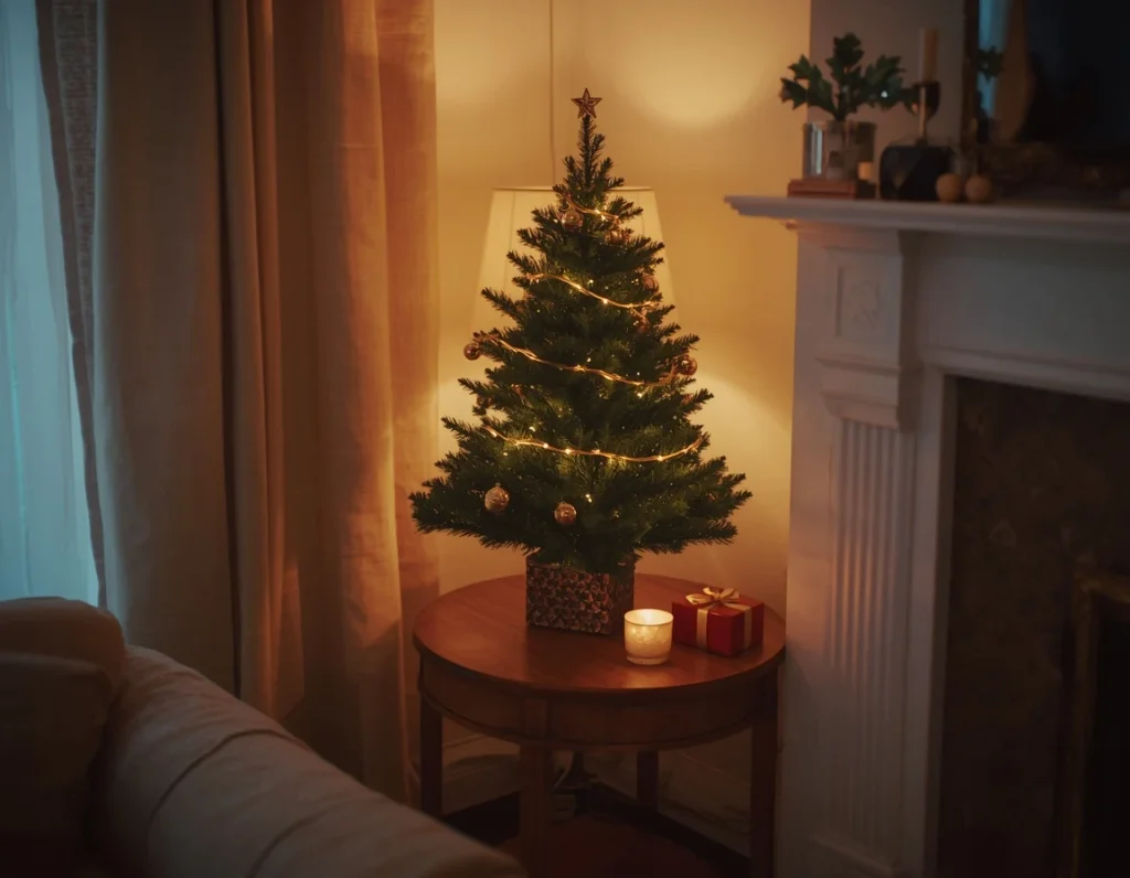 Small tabletop Christmas tree with bronze ornaments and fairy light wire on a round wooden side table with a candle and a small red gift