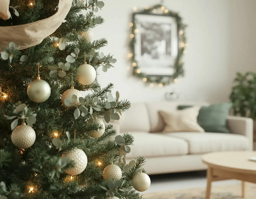 Christmas tree with eucalyptus sprigs, matte sage green and textured cream ornaments, and warm lights near a cream sofa