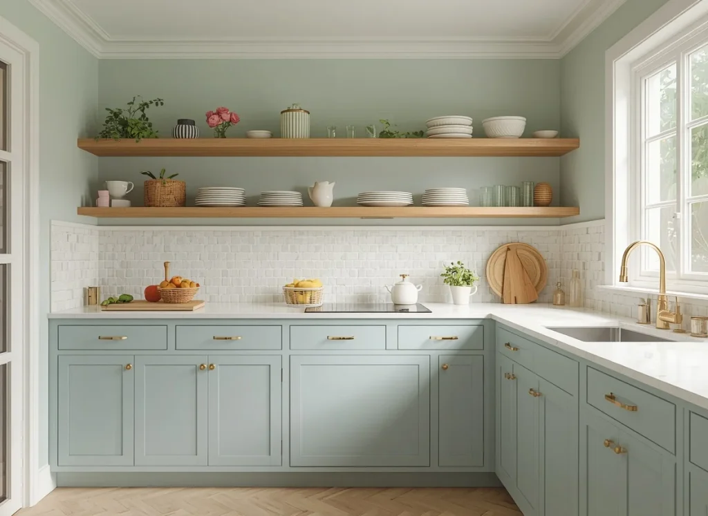 Two-tone kitchen cabinets in soft sage green with matching sage walls, two oak floating shelves, a white mosaic backsplash, and brass hardware