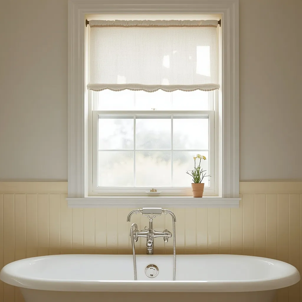  Window above a white tub with a soft white linen shade with a scalloped hem, cream beadboard below, and a small potted flower on the sill