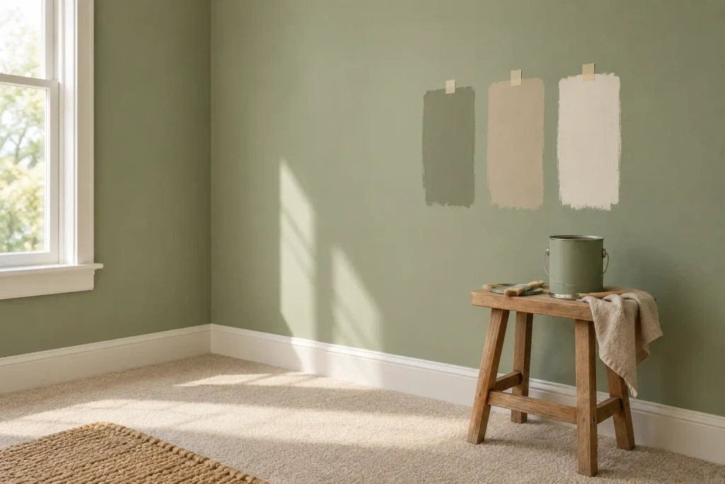 Sage green bedroom wall with three paint swatches and a wooden stool holding a paint can