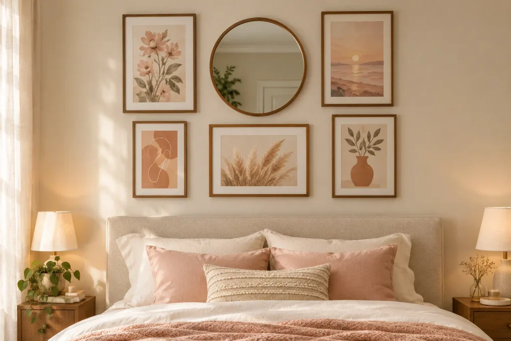 Gallery wall of framed botanical prints and a round mirror above a bed with blush pink pillows