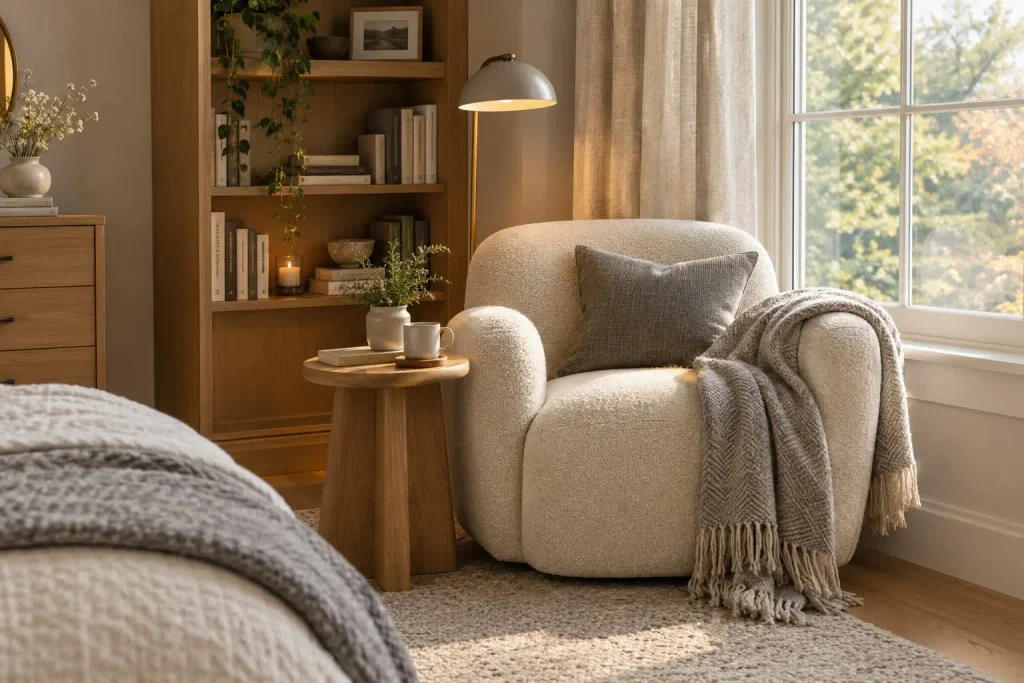 Cozy reading nook with a white boucle armchair and gray throw beside a sunny bedroom window