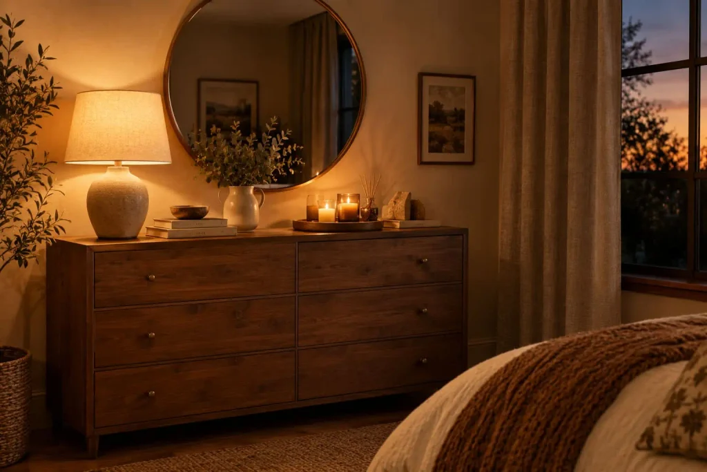 Wooden dresser with a glowing table lamp, round mirror and candles in a warm bedroom at dusk