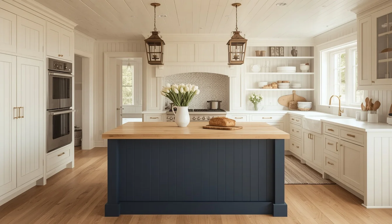Beadboard kitchen ideas with a navy blue beadboard island, a butcher block top, cream beadboard walls and ceiling, and bronze lantern pendants