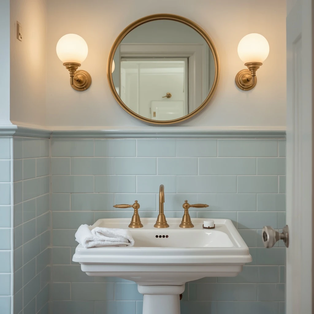 Pale blue subway tile with a round brass mirror between two brass wall sconces with white globe shades above a white console sink