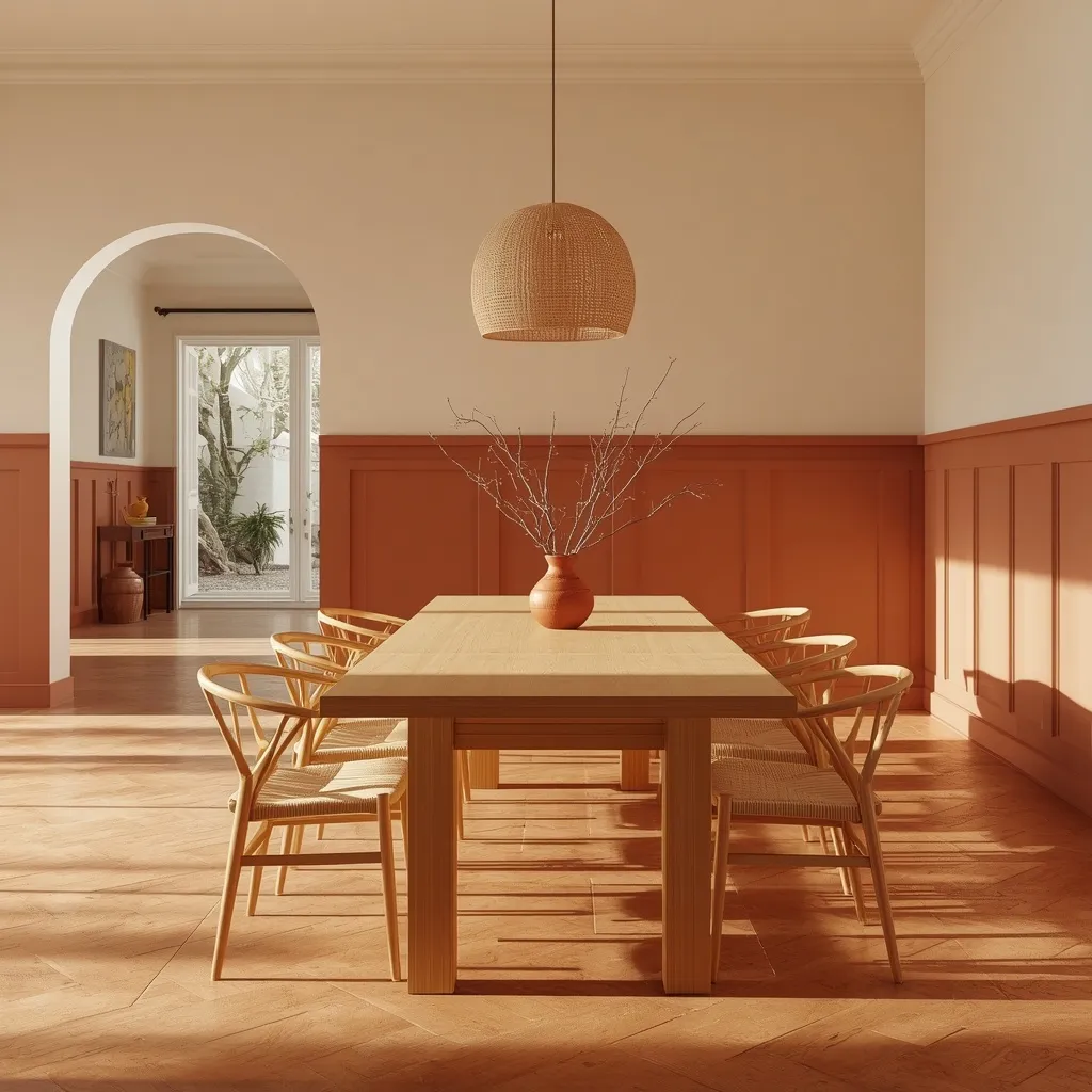Terracotta flat panel wainscoting with cream upper walls, an arched doorway, a long oak table, and wishbone chairs under a rattan pendant