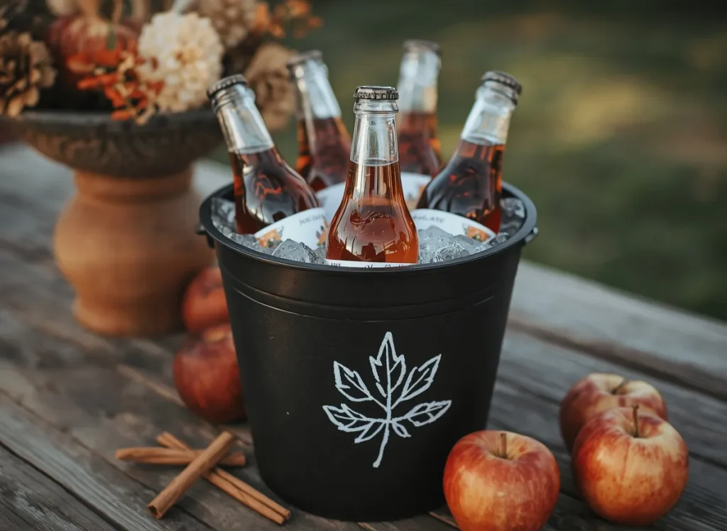 Matte black chalkboard bucket with a white maple leaf drawing, filled with ice and bottles of apple cider on a rustic outdoor table with apples and cinnamon sticks
