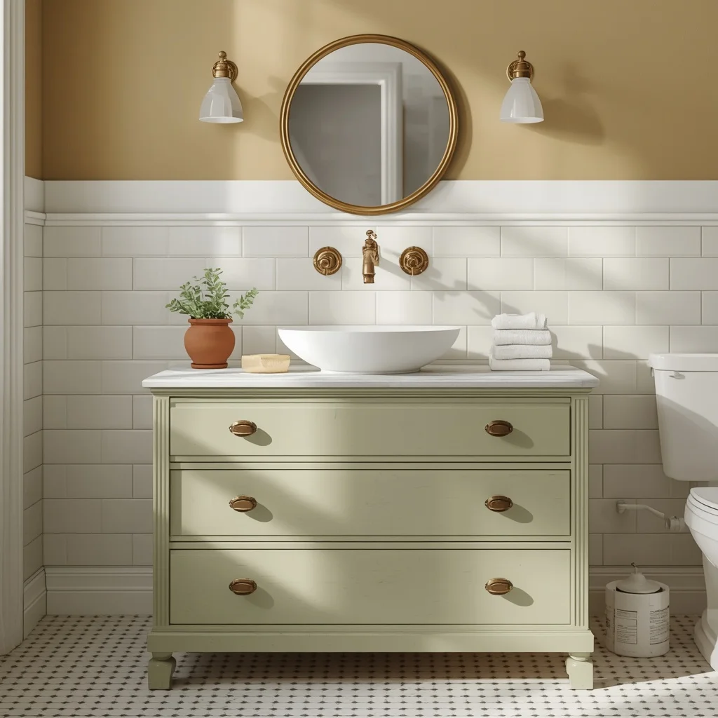 Sage green three drawer dresser used as a vanity with a white vessel sink, a wall mounted brass faucet, and a round brass mirror on an ochre wall