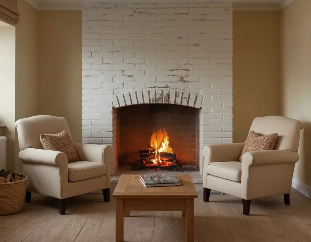 Whitewashed brick fireplace with a crackling fire between two cream armchairs, a pine coffee table, and a basket of firewood