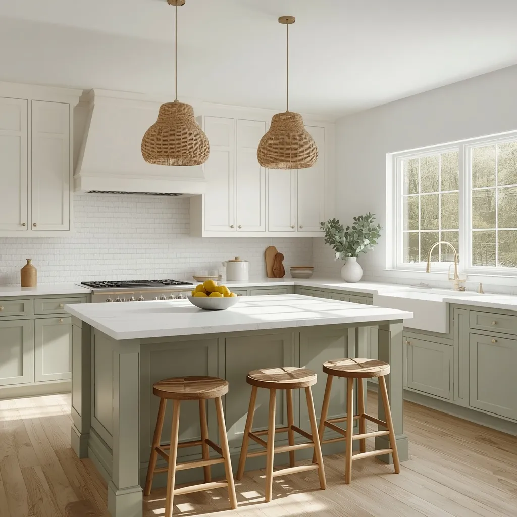 Two-tone kitchen cabinets with sage green lowers and island, white upper cabinets, rattan pendants, and brass hardware in a sunny kitchen